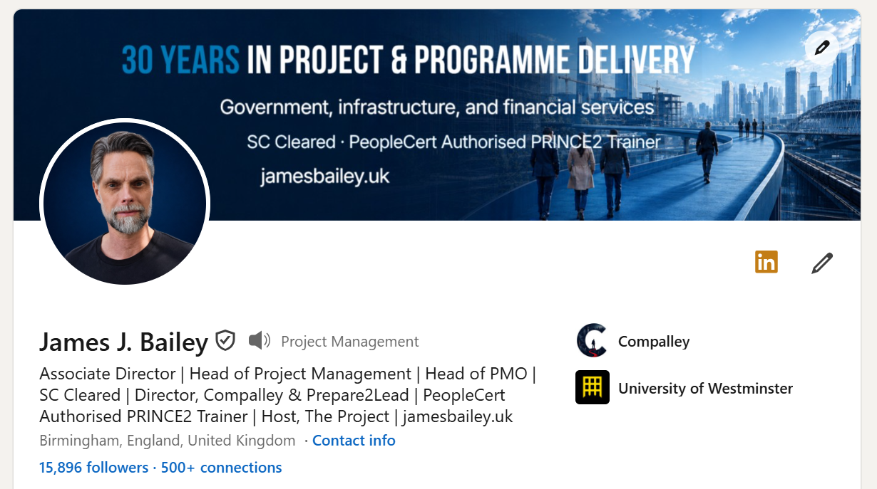 James J. Bailey's completed LinkedIn profile header with a detailed evidence-led headline