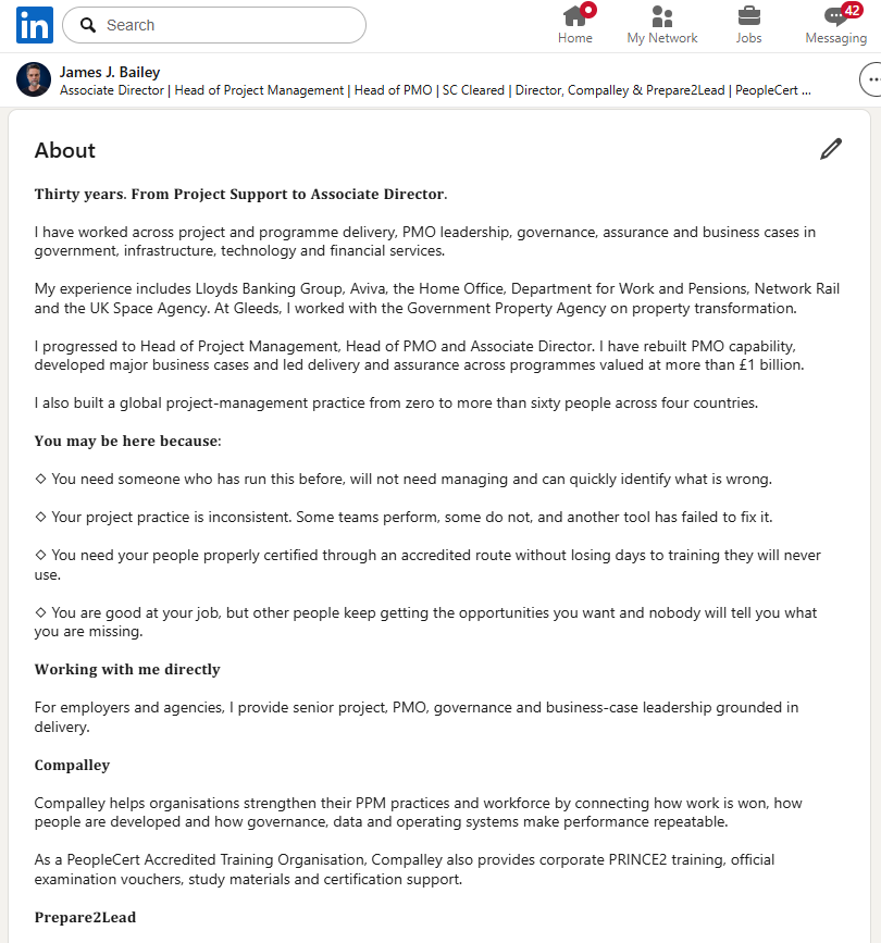 James J. Bailey's LinkedIn About section using bold text, headings and symbols